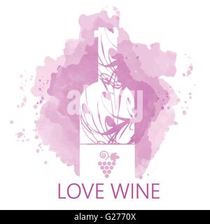 Wine tasting and love card, white bottle over purple background with water color. Digital vector image. Stock Vector