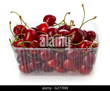 cherry in plastic transparent container box, isolated on white background Stock Photo