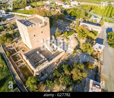 Aerial view of the medieval castle of Kolossi. It is situated in the south of Cyprus, in Limassol. The castle dates back to the  Stock Photo