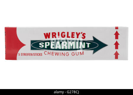 Packet of Wrigley's spearmint chewing gum on white background Stock Photo