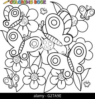 Butterflies and flowers in the garden. Springtime nature plants and flowers with bugs. Vector black and white coloring page. Stock Vector
