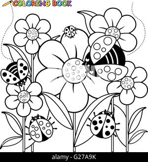 Ladybugs flying around flowers in springtime. Springtime nature plants and flowers with lady bugs insects. Vector black and white coloring page. Stock Vector