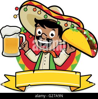 Mexican man holding a cold beer and a taco Stock Vector