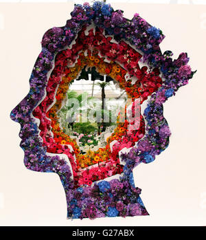 Multiple floral profiles tribute to HM Queen Elizabeth II in the Great Pavilion, RHS Chelsea Flower Show 2016; Stock Photo