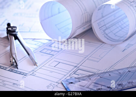 architectural plans of a dwelling with blue tint close up Stock Photo