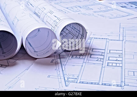 architectural plans of a dwelling with blue tint Stock Photo