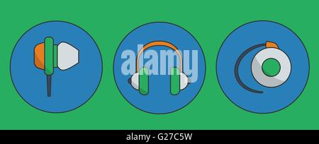 Vector headphone icon set. Headphone icons drawn in flat design style Stock Vector
