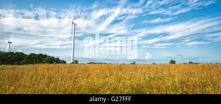 Wind Power Stations in Field with a partly cloudy sky Stock Photo