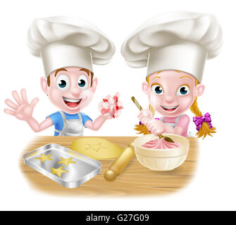 Cartoon chef kids baking cakes and cookies Stock Photo