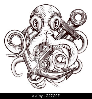 An original illustration of a tattoo of an octopus holding a ships anchor in a vintage woodblock style Stock Photo