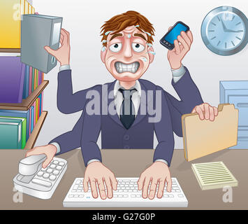 A cartoon stressed overworked sweating multitasking business man Stock Photo