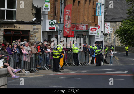 People await the arrival of the Prince of Wales and the Duchess of Cornwall in Donegal Town, as Charles is visiting the Republic of Ireland in the latest royal bid to solidify transformed Anglo-Irish relations. Stock Photo