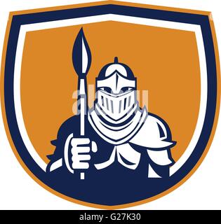 Illustration of knight in full armor holding paint brush viewed from front set inside shield crest on isolated background done in retro style. Stock Vector