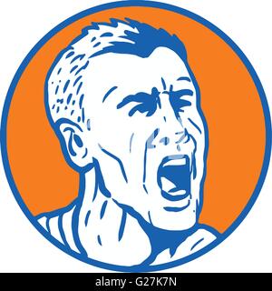 Illustration of a face of an angry man shouting viewed from front set inside circle on isolated background done in retro style. Stock Vector