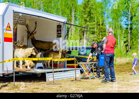 Emmaboda, Sweden - May 13, 2016: Forest and tractor (Skog och traktor) fair. Information about accidents with wildlife. Stuffed Stock Photo