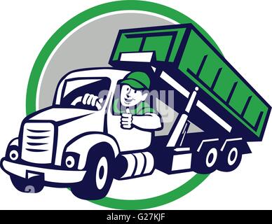 Illustration of a roll-off bin truck driver smiling with thumbs up viewed from front set inside circle done in cartoon style. Stock Vector