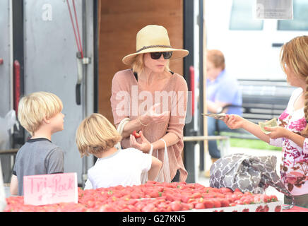 Julie Bowen entertains her three boys during a trip to the Farmers Market  Featuring: Julie Bowen Where: Los Angeles, California, United States When: 10 Apr 2016 Stock Photo