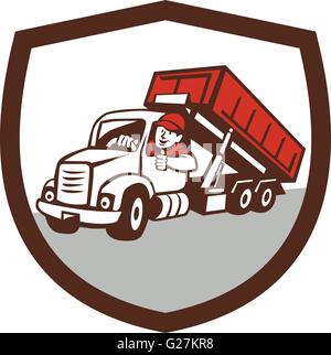 Illustration of a roll-off bin truck driver smiling with thumbs up viewed from front set inside shield crest done in cartoon style. Stock Vector