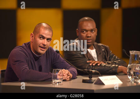 Top Gear presenters Chris Harris (left) and Rory Reid answer media questions during the launch of the car show at Dunsfold Aerodrome in Surrey, which returns to BBC Two on May 29 at 8pm. Stock Photo