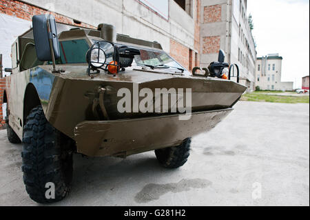 Podol, Ukraine - May 19, 2016: Amphibious armoured scout military car BRDM-2, combat reconnaissance or patrol vehicle used by R Stock Photo