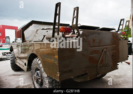 Podol, Ukraine - May 19, 2016: Amphibious armoured scout military car BRDM-2, combat reconnaissance or patrol vehicle used by R Stock Photo