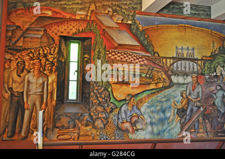 San Francisco: the interior of the Coit Tower with murals created by different artist, completed in 1934 and authorized as a public work of art Stock Photo
