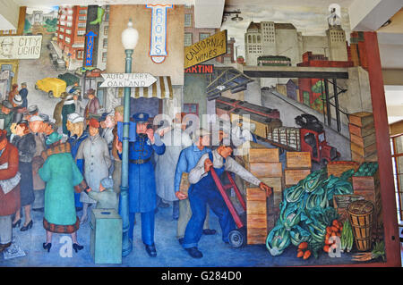 San Francisco: the interiors of the Coit Tower with murals created by different artist, completed in 1934 and authorized as a public work of art Stock Photo