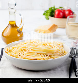 Cooked spaghetti pasta in plate Pasta ingredients Stock Photo