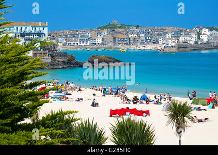 A view of the town and harbour of St.Ives in Cornwall, UK from Porthminster beach Stock Photo