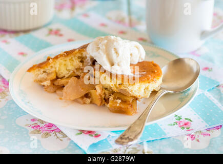 Homemade apple pie with cinnamon. Ice cream on side, light blue background, selective focus Stock Photo