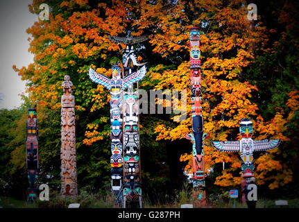 Amazing first nation Totem poles in Stanley Park,Vancouver Stock Photo