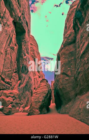 Moab, Arches National Park , Rocks and narrow trail with sand in pop art colors. Stock Photo
