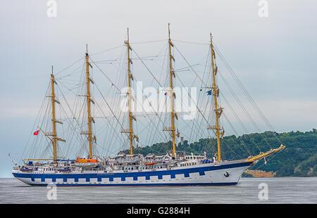 Varna, Bulgaria, 22th May, 2016. Five-masted Royal Clippers sailing ship owned by Star Clippers - maneuvers for mooring at the p Stock Photo