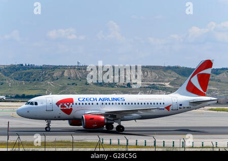 Airliner -Airbus A319-, of -Czech Airlines- airline, is ready to take off from Madrid-Barajas airport. Stock Photo