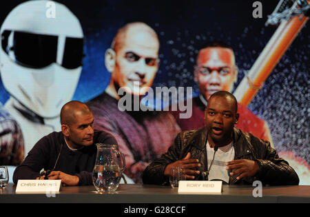 Top Gear presenters Chris Harris (left) and Rory Reid answer media questions during the launch of the car show at Dunsfold Aerodrome in Surrey, as it returns to BBC Two on May 29 at 8pm. Stock Photo