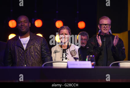 Top Gear presenters (left to right) Chris Harris, Rory Reid, Sabine Schmitz, Eddie Jordan and Chris Evans arrive for a press conference during the launch of the car show at Dunsfold Aerodrome in Surrey, as it returns to BBC Two on May 29 at 8pm. Stock Photo