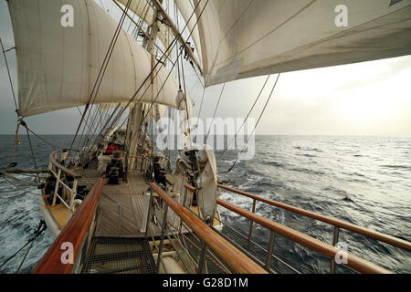 The Sail Training Ship Tenacious under full sail between  Gran Canaria and Madeira, a tall ship owned by Jubilee Sailing Trust. Stock Photo