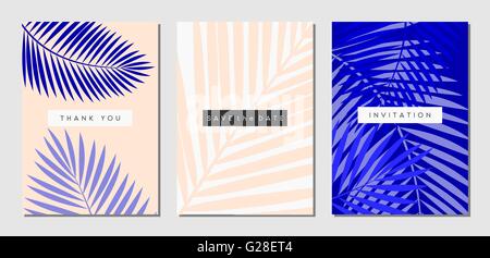 A set of three tropical foliage designs in white, pastel pink and purple. Invitation, greeting card, poster design templates. Stock Vector