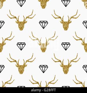 Seamless repeating pattern with gold glitter deer heads and black diamonds on white background. Stock Vector
