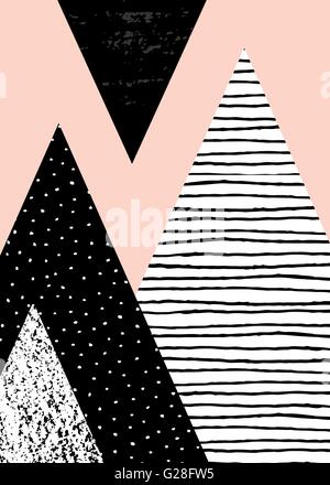 Abstract geometric composition in black, white and pastel pink. Hand drawn vintage texture, dots pattern and geometric elements. Stock Vector