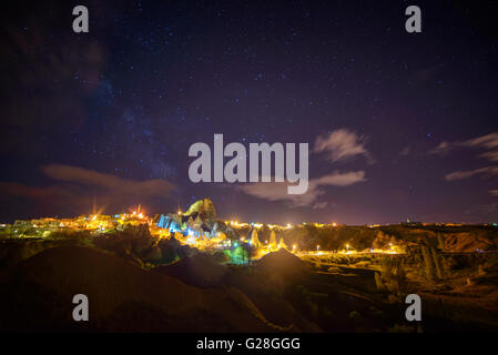 Night view of Uchisar castle in Cappadocia, Turkey. Stock Photo