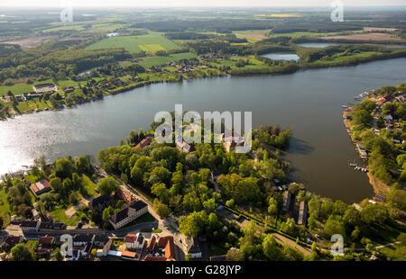 Aerial view, Castle Church Johanniterkirche on the castle island Mirow, Mirow, Mecklenburg Lake District, Mecklenburg-Vorpommern Stock Photo