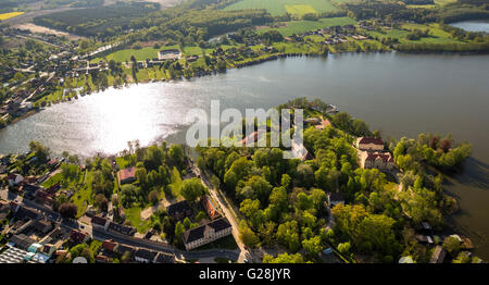 Aerial view, Castle Church Johanniterkirche on the castle island Mirow, Mirow, Mecklenburg Lake District, Mecklenburg-Vorpommern Stock Photo