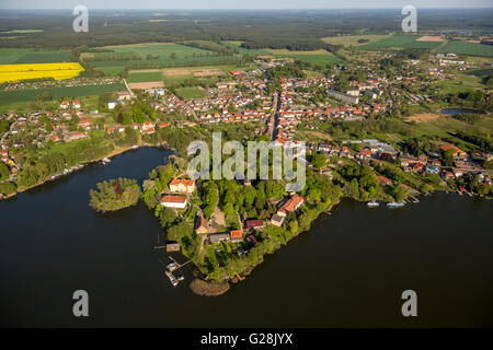 Aerial view, Castle Church Johanniterkirche on the castle island Mirow, Mirow, Mecklenburg Lake District, Mecklenburg-Vorpommern Stock Photo