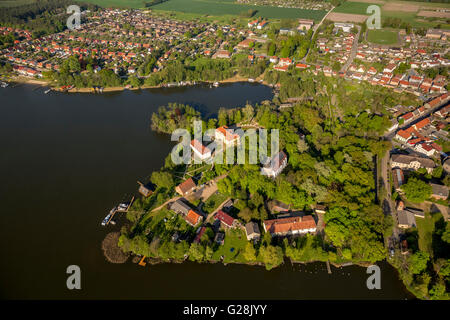 Aerial view, Castle Church Johanniterkirche on the castle island Mirow, Mirow, Mecklenburg Lake District, Mecklenburg-Vorpommern Stock Photo