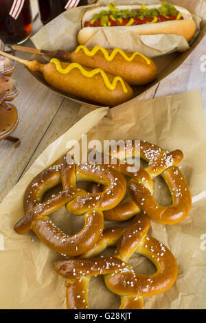 Baseball party food with balls and mizuno on a wood table. Stock Photo