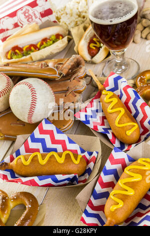 Baseball party food with balls and mizuno on a wood table. Stock Photo