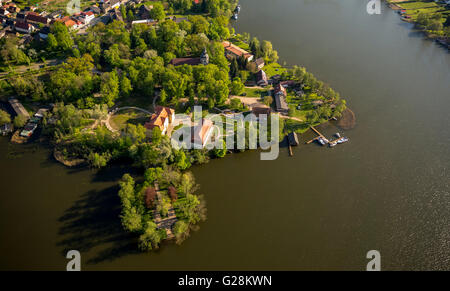 Aerial view, Castle Church Johanniterkirche on the castle island Mirow, Mirow, Mecklenburg Lake District, Mecklenburg-Vorpommern Stock Photo