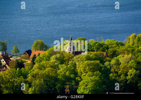 Aerial view, Castle Church Johanniterkirche on the castle island Mirow, Mirow, Mecklenburg Lake District, Mecklenburg-Vorpommern Stock Photo