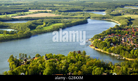 Aerial view, Castle Church Johanniterkirche on the castle island Mirow, Mirow, Mecklenburg Lake District, Mecklenburg-Vorpommern Stock Photo